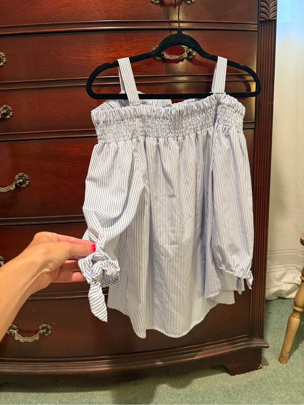 Absolutely Famous Blue and White Striped Off-Shoulder Blouse